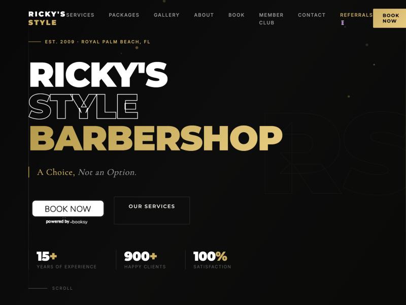 Ricky's Style Barbershop website homepage, built by Giotop, showing the black and gold hero section