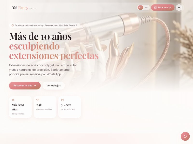 Yai Fancy Nails website homepage, built by Giotop, showing the rose-gold nail studio hero section